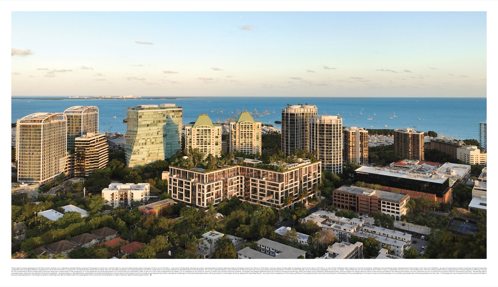 THE WELL Coconut Grove — eight-story wellness residence at 2835 Tigertail Avenue, with coral-stone façade, lush landscaping, and 40,000 sf rooftop wellness oasis.