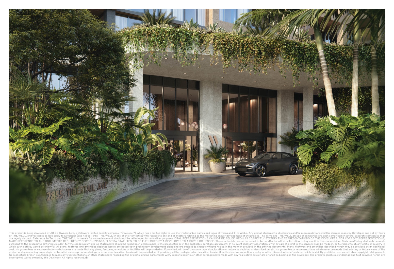 Main entrance to THE WELL Coconut Grove — coral-stone façade, valet, 24-hour security and hot-and-cold towel service on arrival.