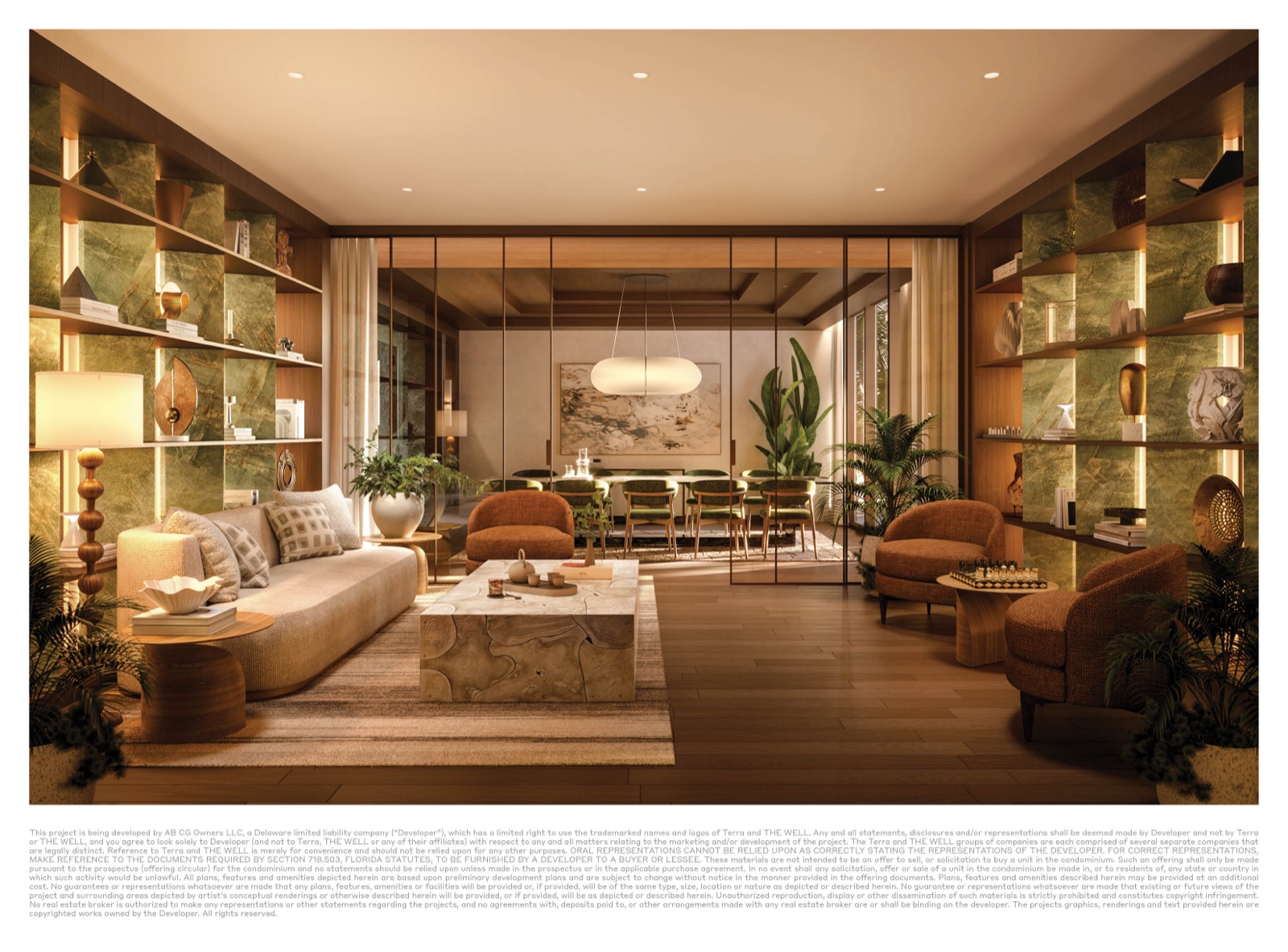 Lobby library at THE WELL Coconut Grove — quiet reading and gathering lounge for residents.