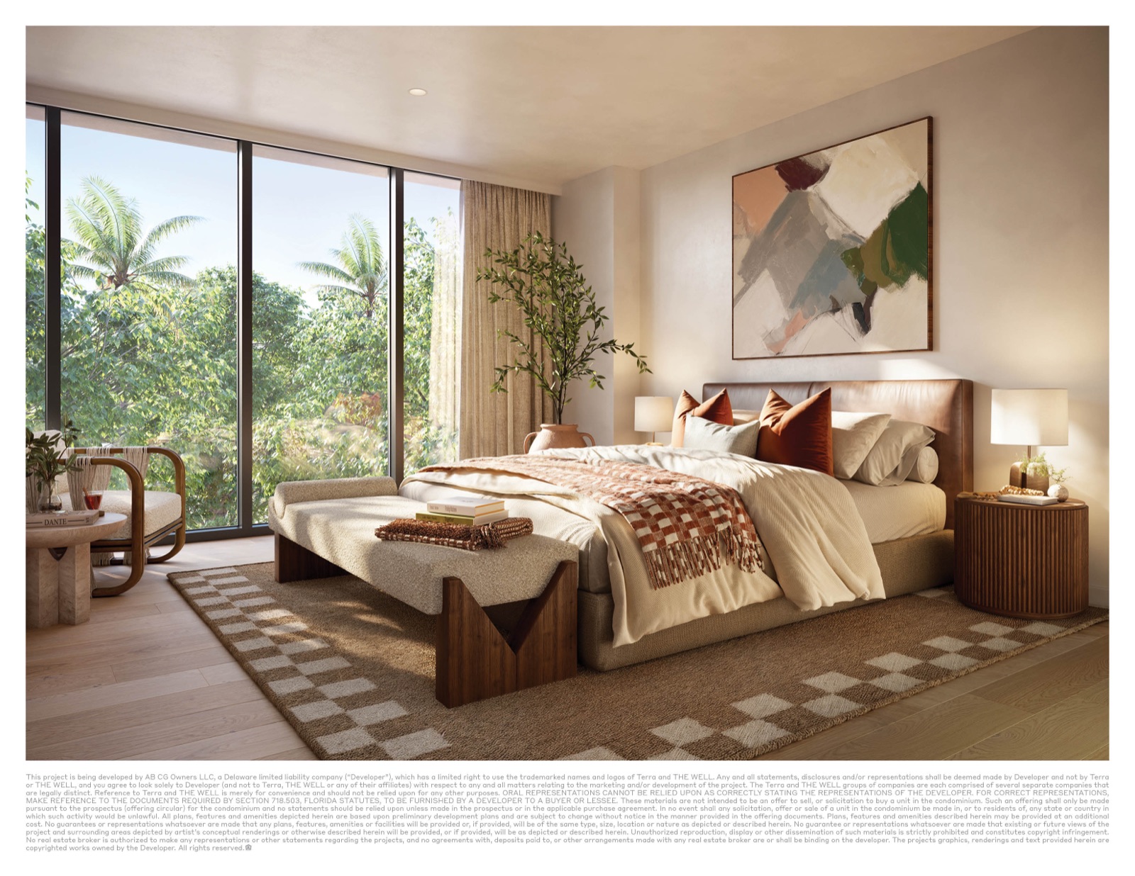 Loft primary bedroom at THE WELL Coconut Grove — neutral palette, natural light, restorative wellness materials.