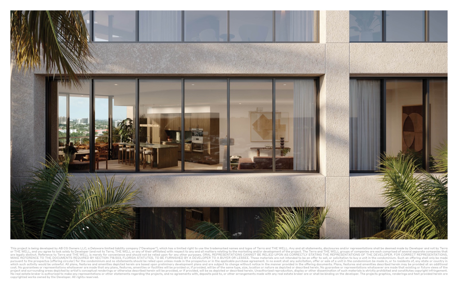 Penthouse private terrace at THE WELL Coconut Grove — sweeping Coconut Grove and Biscayne Bay views.
