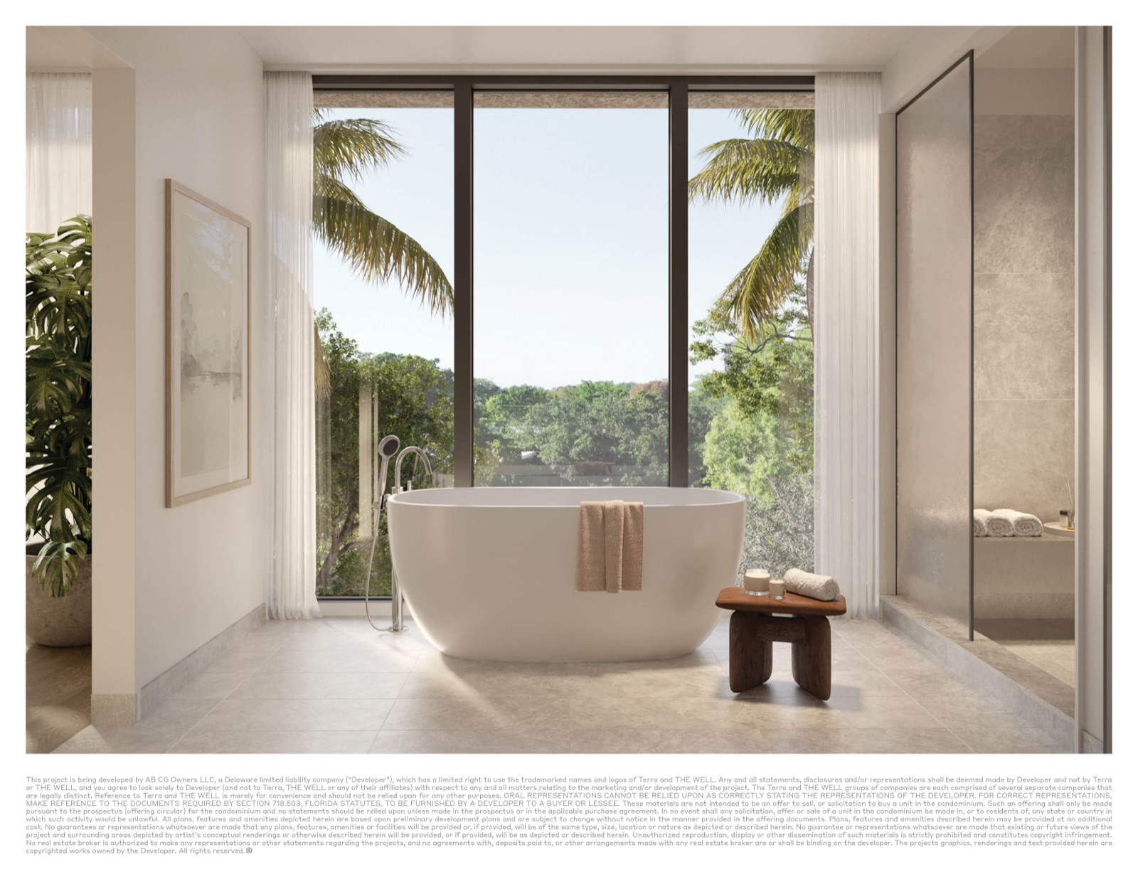 Primary bath at THE WELL Coconut Grove — Dornbracht rain shower with affusion component, natural stone floors and counters, Italkraft vanities, illuminated mirrors.