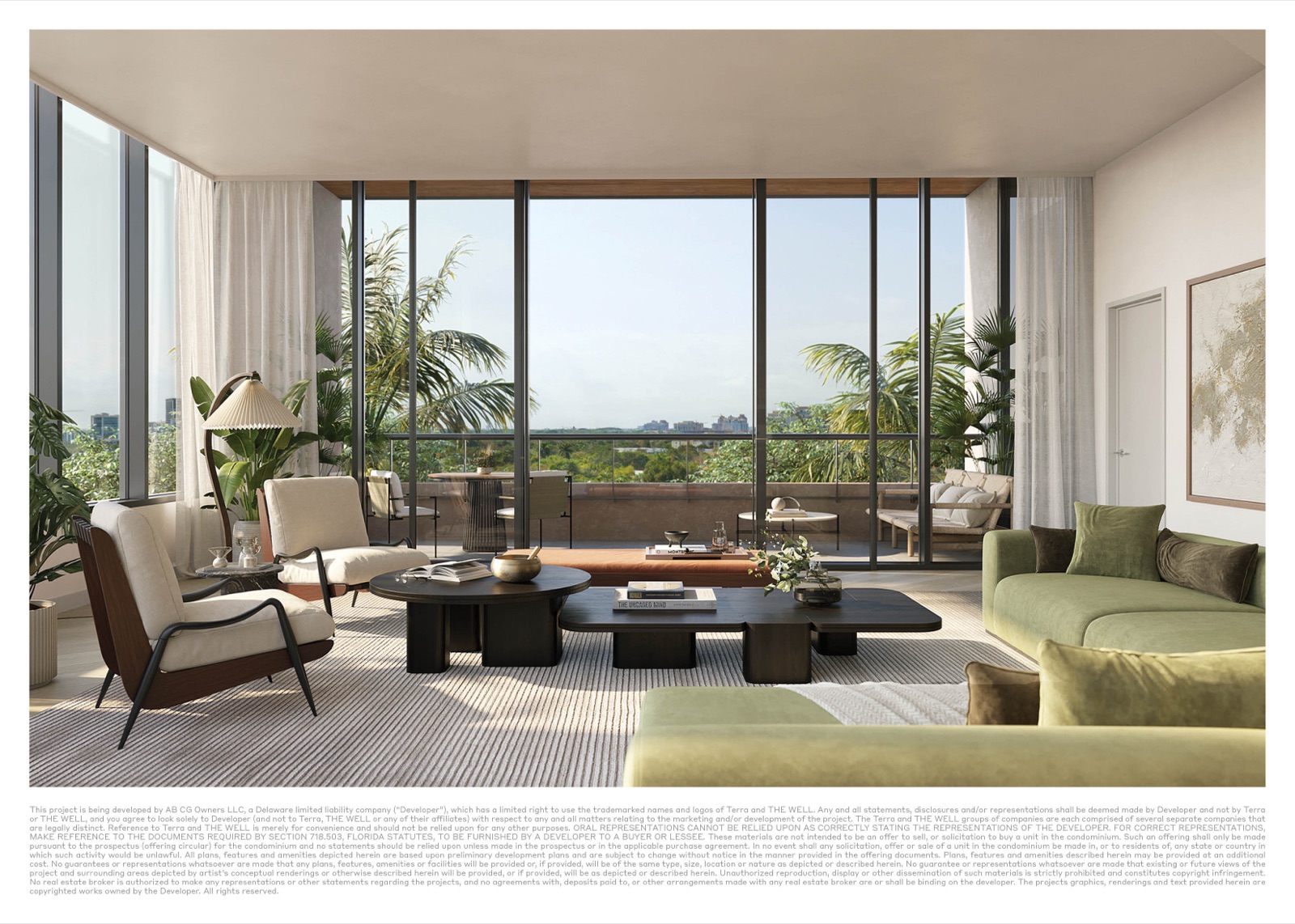THE WELL Coconut Grove residence living room — light-filled layout, expansive glass, neutral engineered-wood floors.