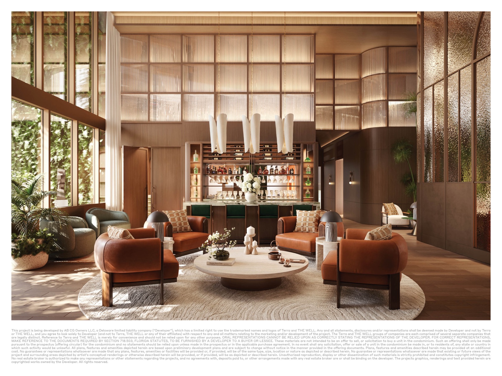 Resident lounge and bar at THE WELL Coconut Grove — community space programmed by THE WELL practitioners.