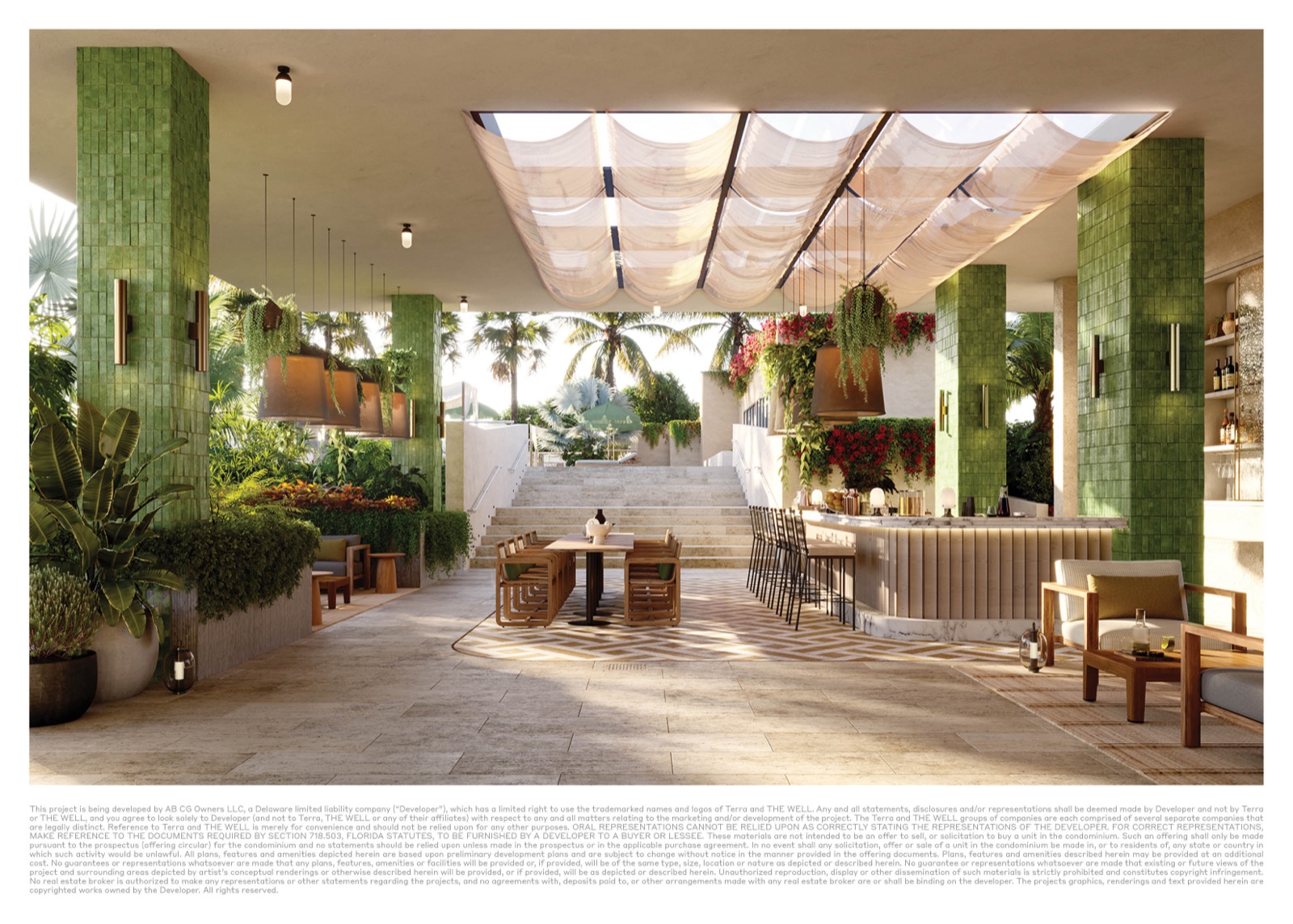 Rooftop bar and dining at THE WELL Coconut Grove — open-air evening lounge atop the building.
