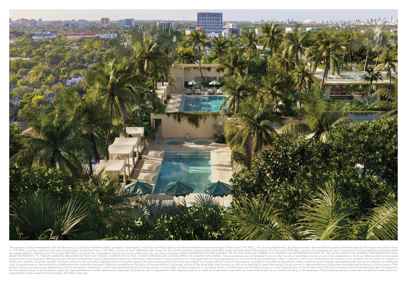 Rooftop pool deck at THE WELL Coconut Grove — 40,000 sf wellness oasis with private cabanas, hot and cold plunges, and rooftop bar.