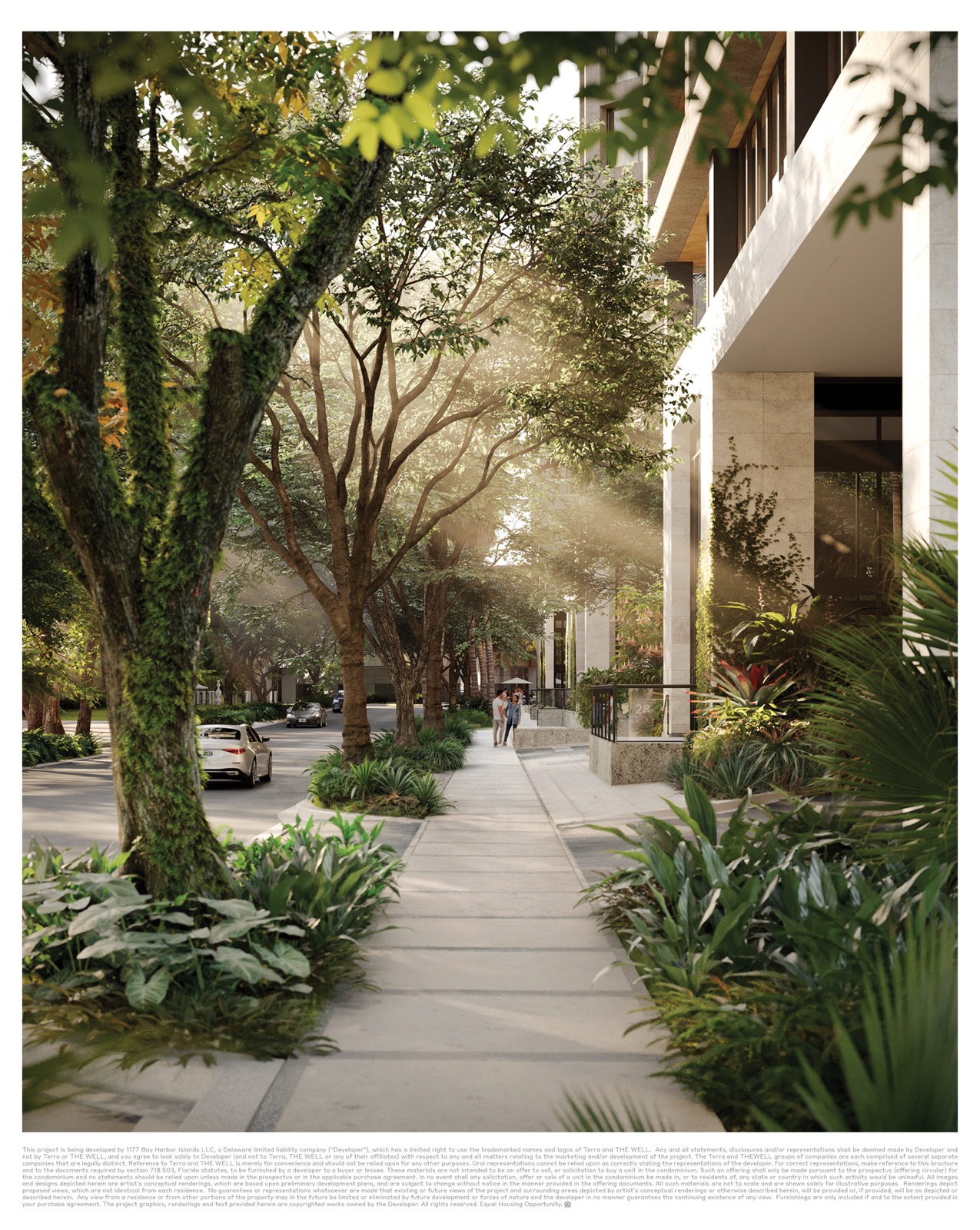 Tigertail Avenue streetscape at THE WELL Coconut Grove — coral-stone façade meeting the canopy of historic Coconut Grove.
