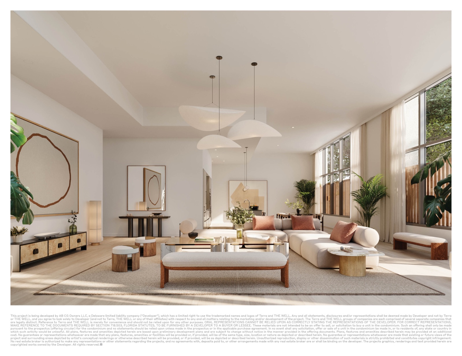 Townhome living-dining room at THE WELL Coconut Grove — open plan with double-height windows in ground-floor lofts.